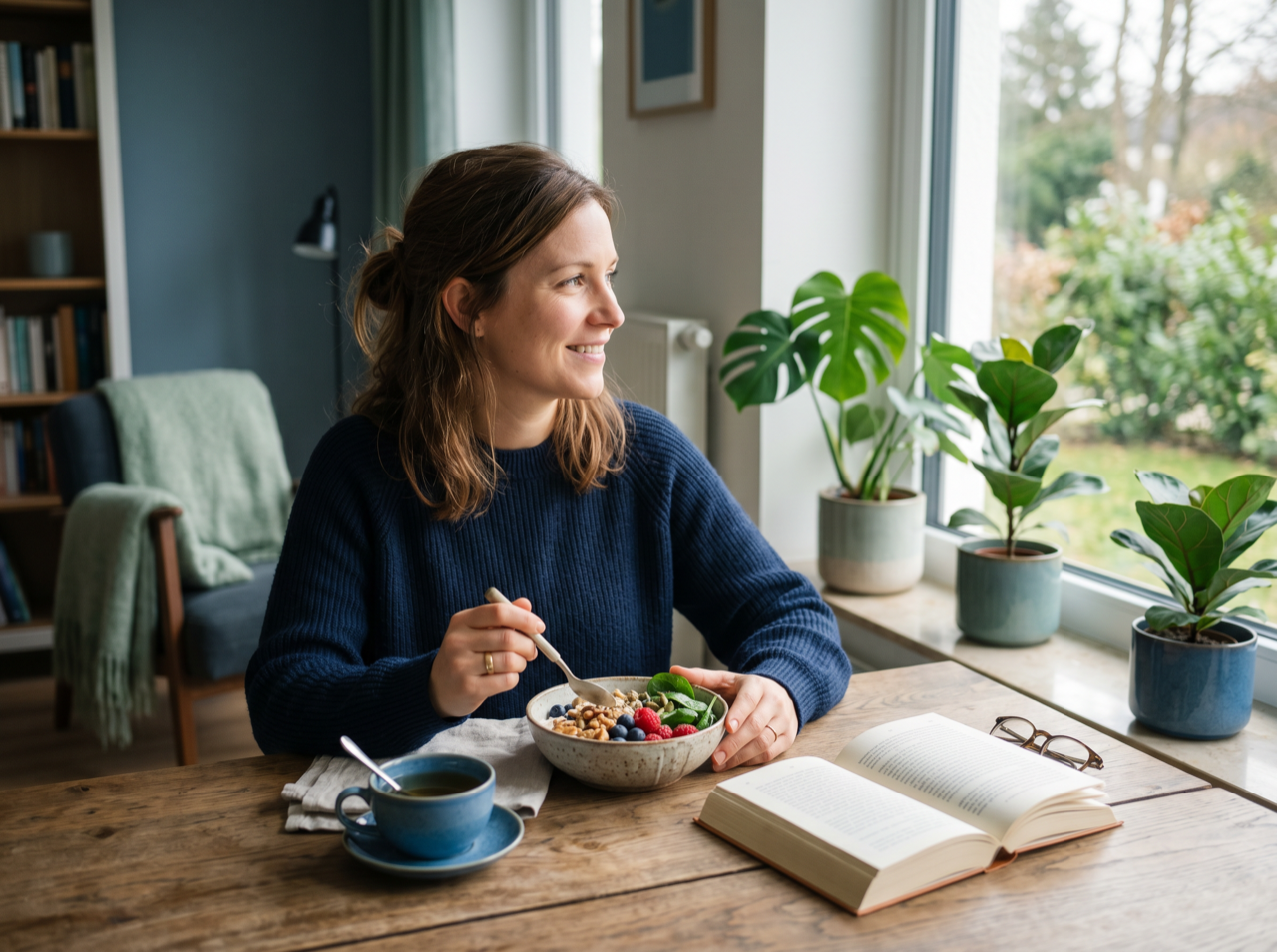 Frau bei einem gesunden Frühstück mit Beeren, Nüssen und Gemüse am Fenster, daneben ein Buch und eine Tasse Tee