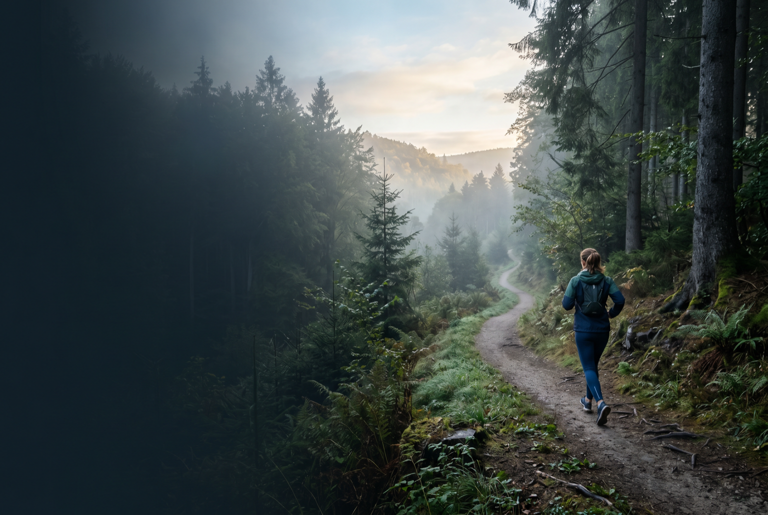 Läuferin auf einem nebligen Waldweg im sanften Morgenlicht